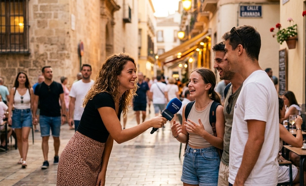 A woman interviewing locals with a microphone on Calle Granada, Málaga