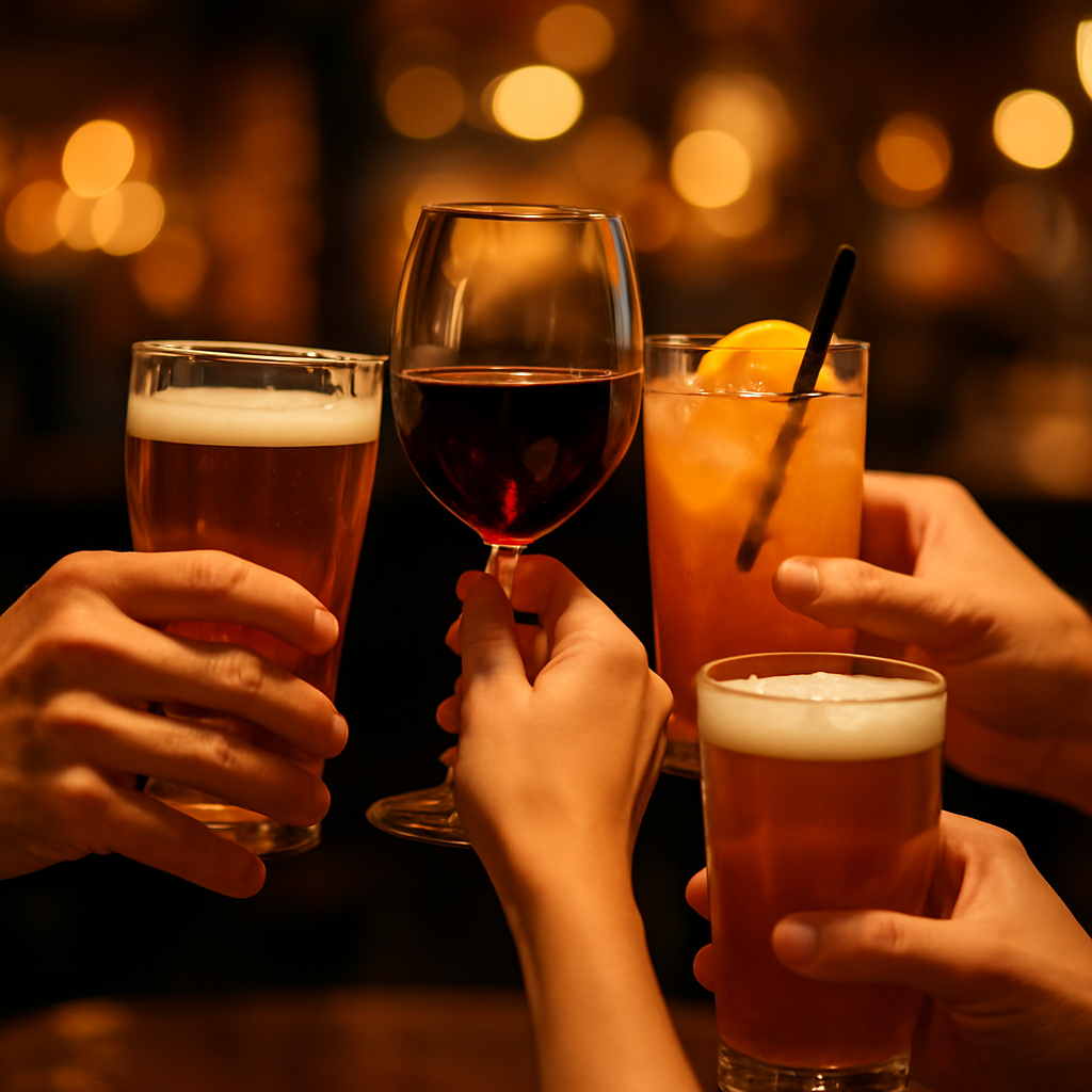 Strangers talking and laughing over drinks at night in Málaga