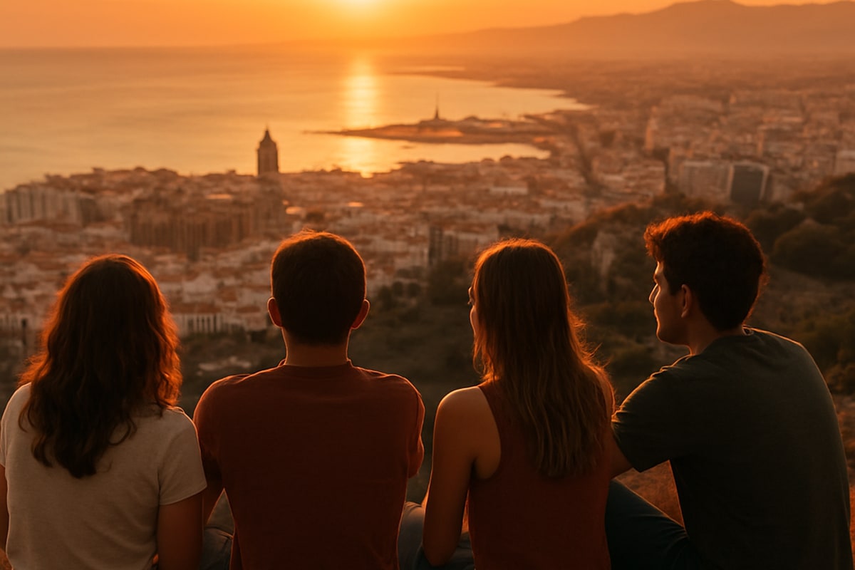A group of young people watching the sunset from a hill above Málaga while chatting in Spanish